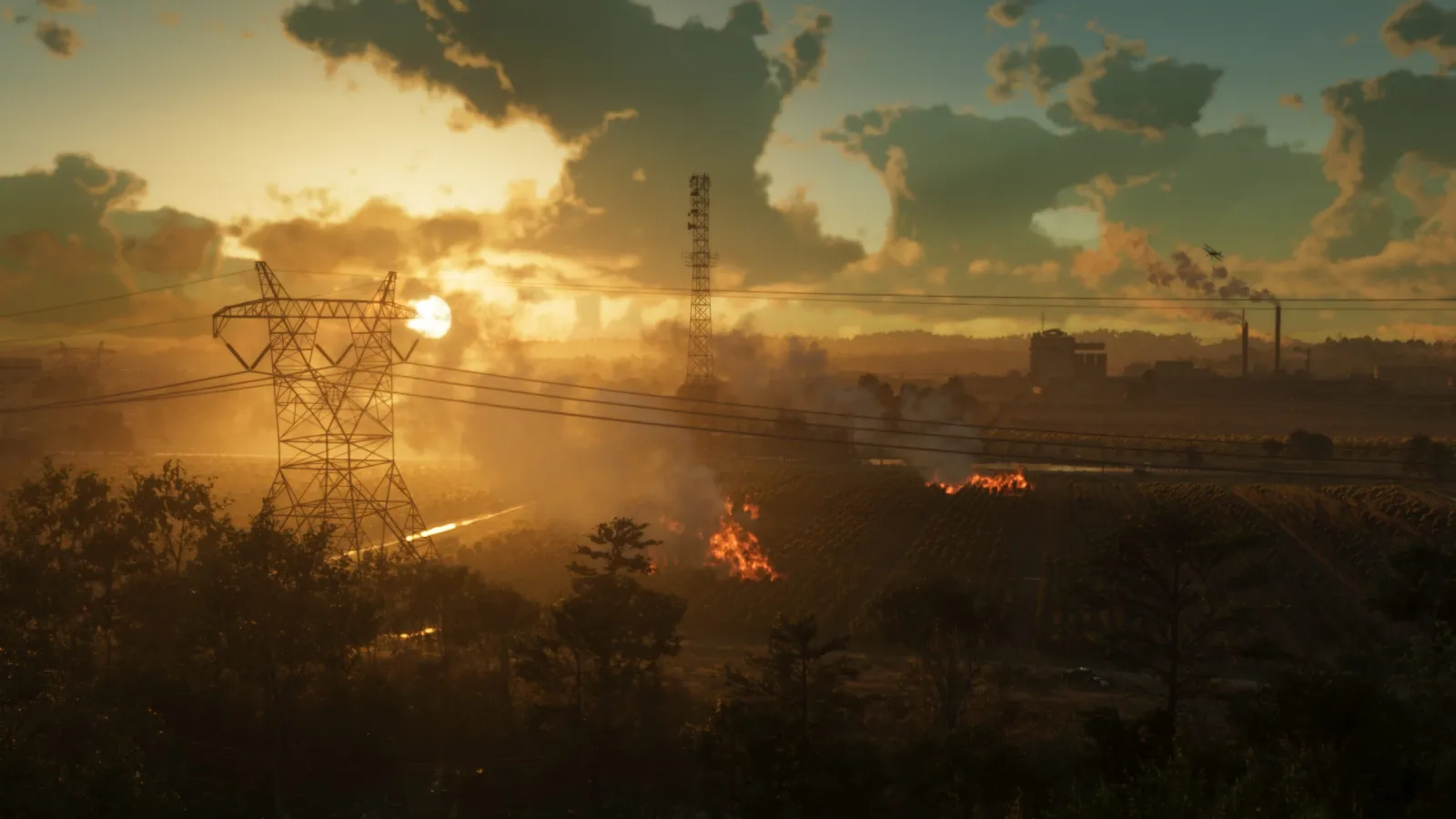 A golden-hour Leonida countryside in GTA 6 with power-line towers, farmland and a crop-duster plane against the haze