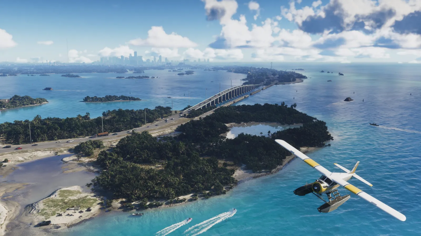Aerial of the Leonida Keys in GTA 6 with a seaplane skimming turquoise water between green islands