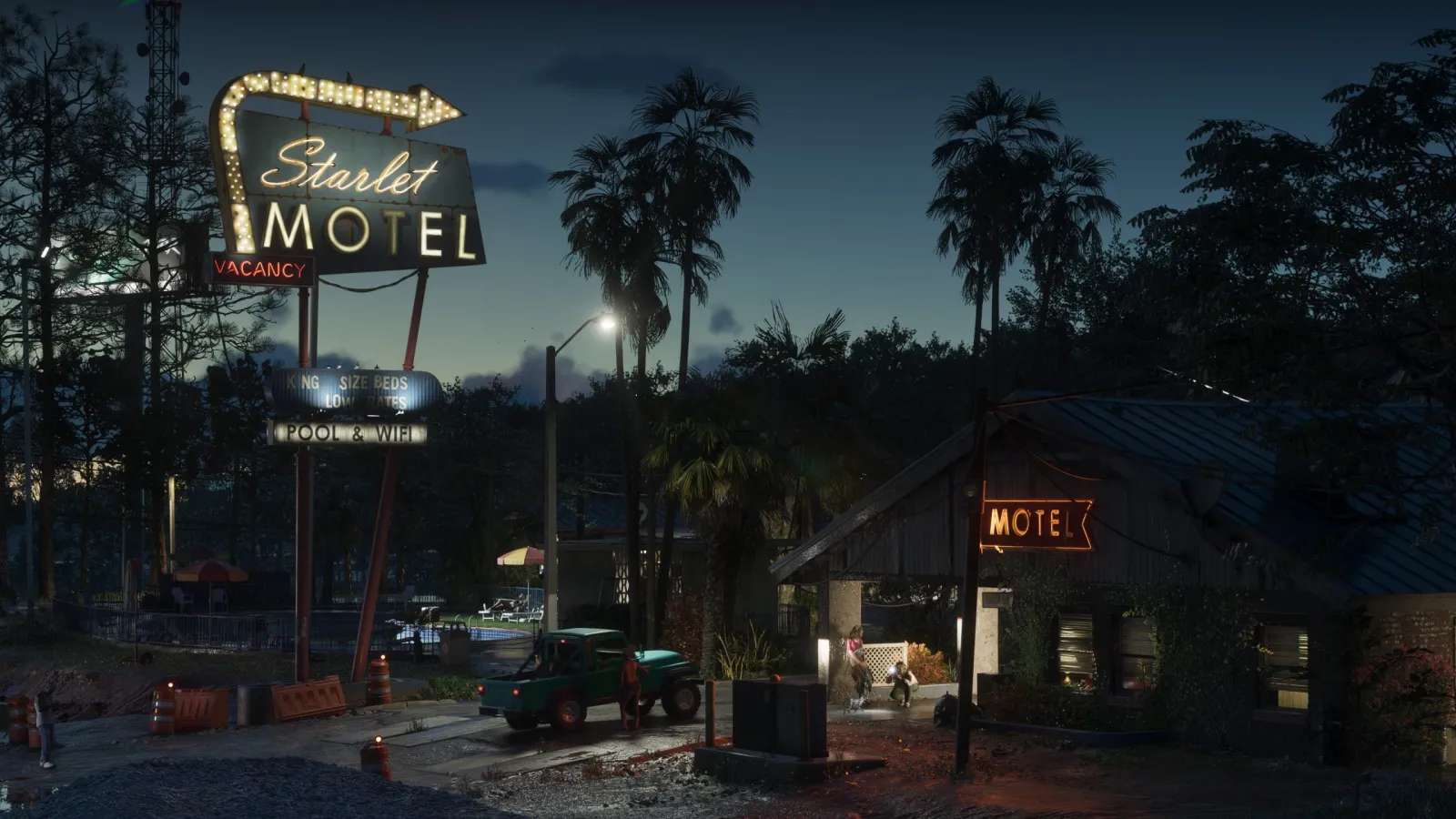 Retro neonowy szyld Starlet Motel rozświetlony o zmierzchu w Port Gellhorn w GTA 6, z palmami i pickupem