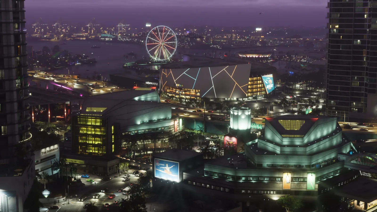 Aerial night view of the Vice City skyline in GTA 6, its entertainment district and waterfront glowing over the bay